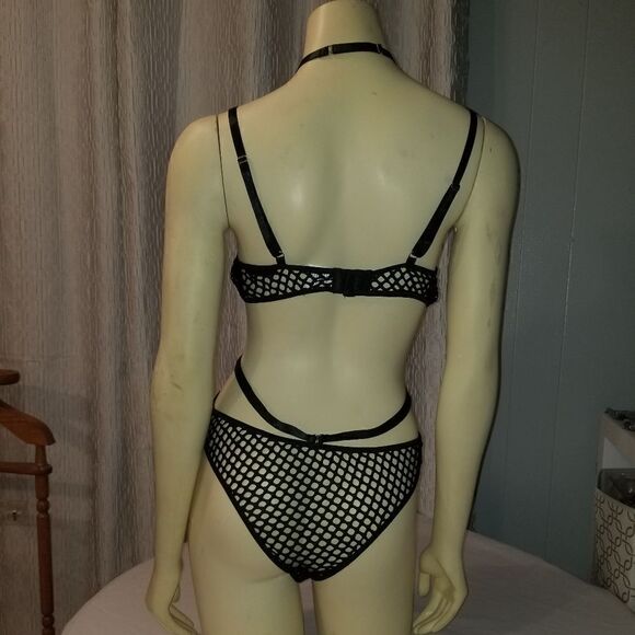 Women Gothic Dark Fishnet Bodycon Sexy Halter Bodysuit Punk Hollow Out    - Picture 11 of 16